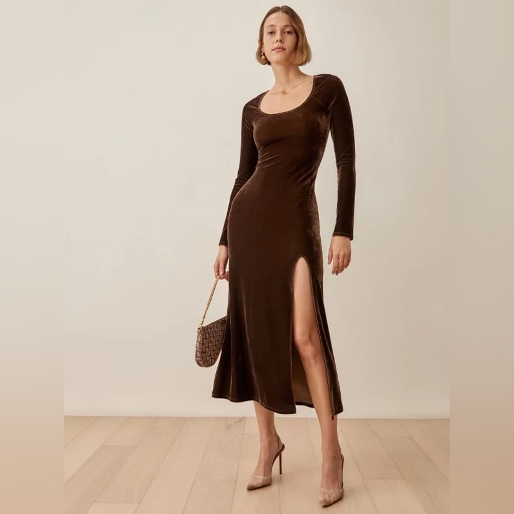 Reformation Finneas Brown Velvet Midi Long Sleeve Dress Womens SZ Small